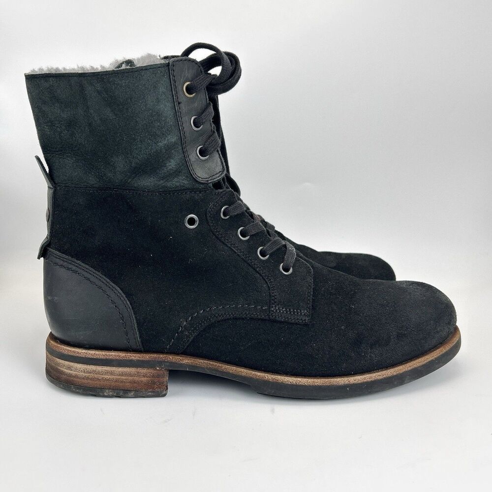 UGG Larus Combat Boots Mens Sz 11 Black Suede Leather Mid Fold-down Calf 1011936